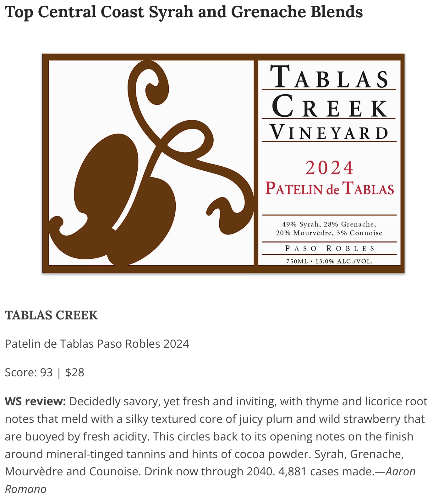 Wine Spectator 2024 Patelin de Tablas 93 Points
