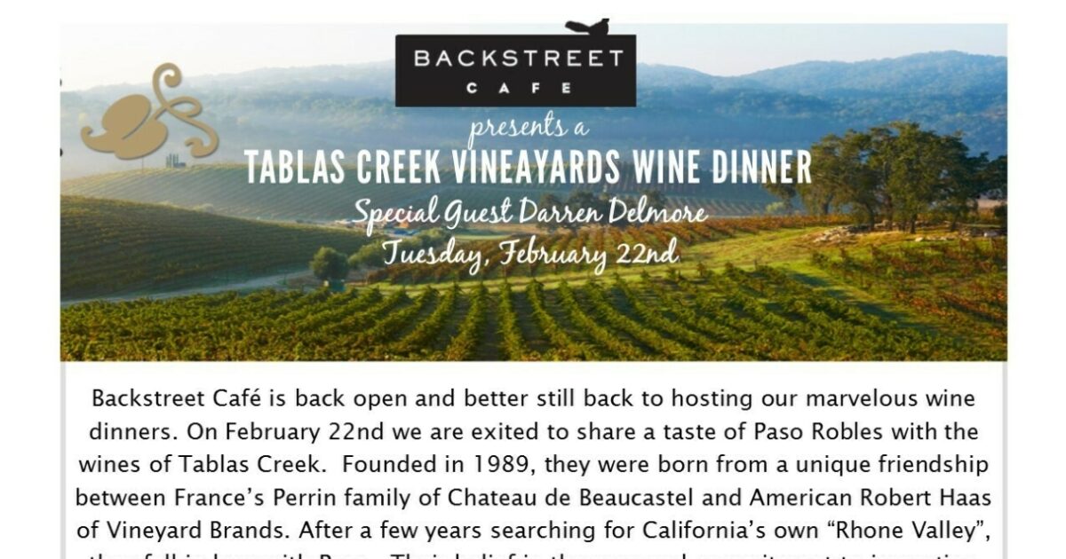 Tablas Creek Wine Dinner at Backstreet Cafe Tablas Creek