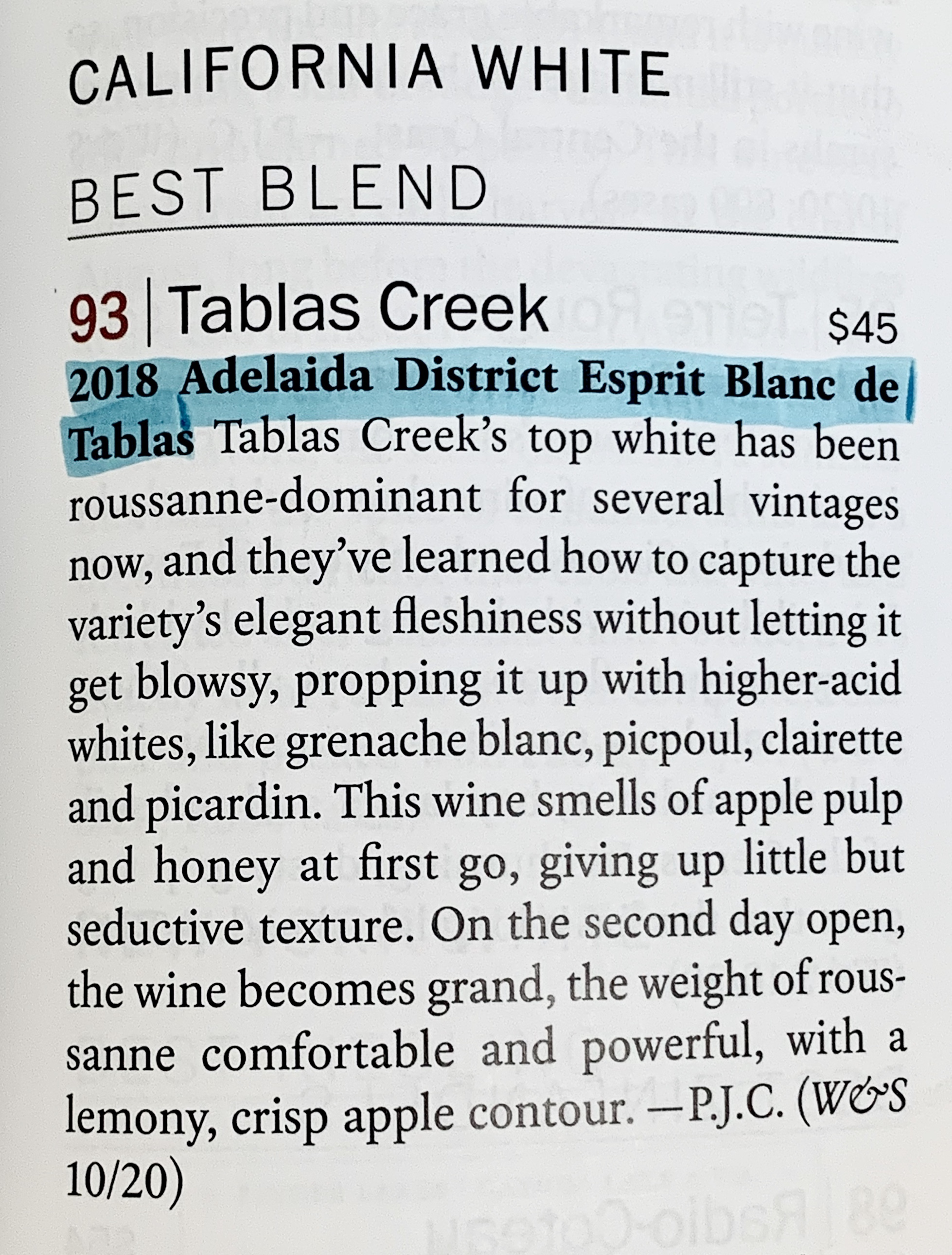 2018 Esprit de Tablas Blanc Tablas Creek