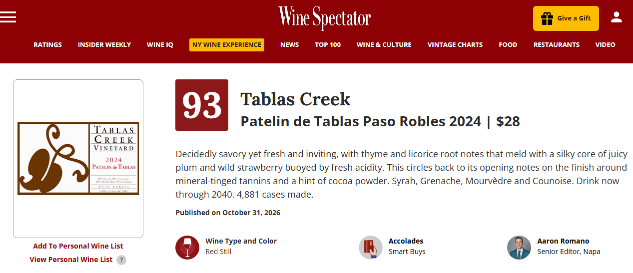 2024 Patelin 93 Wine Spectator