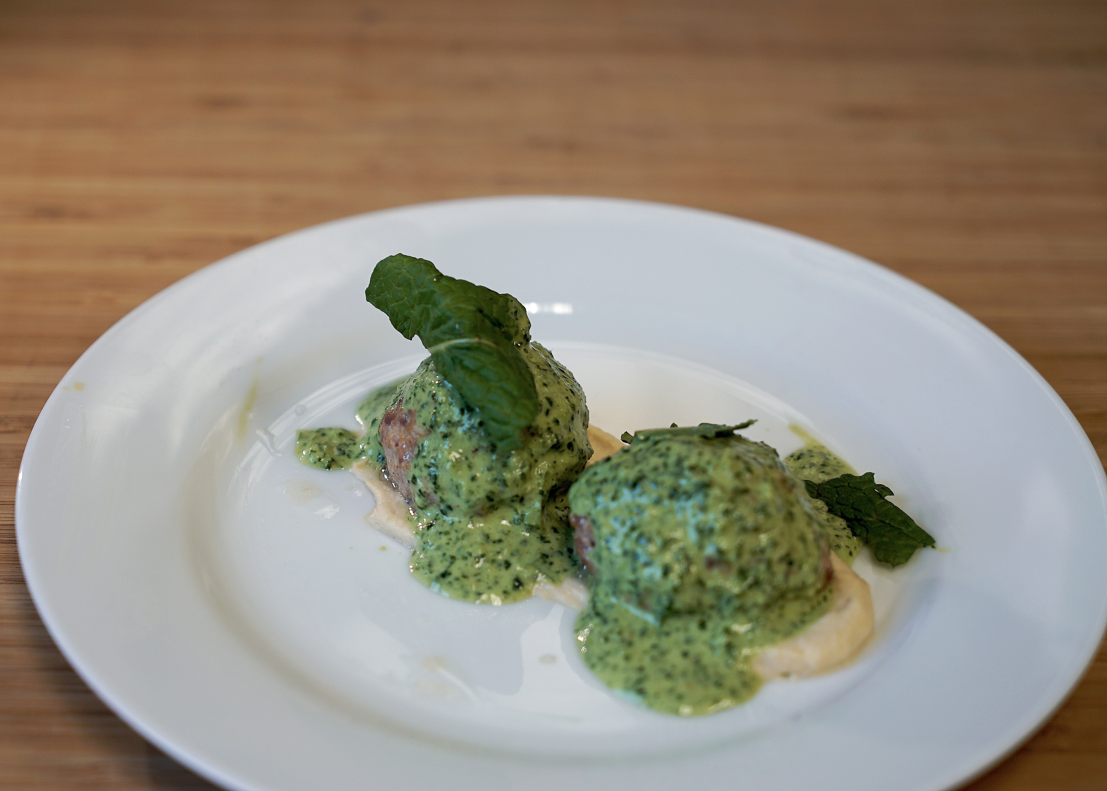 Image of Lamb and Ricotta Meatballs with Rosemary Hummus, and Cilantro Mint Chutney