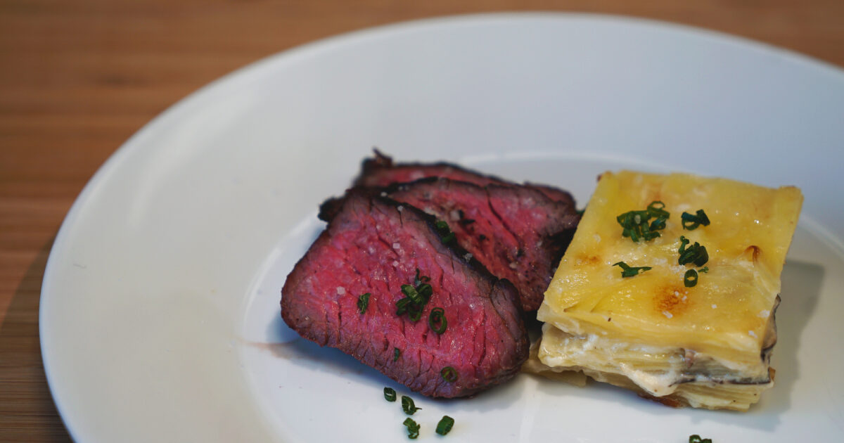 Miso Charred Beef Loin with Yukon Gold Shiitake Gratin | Tablas Creek