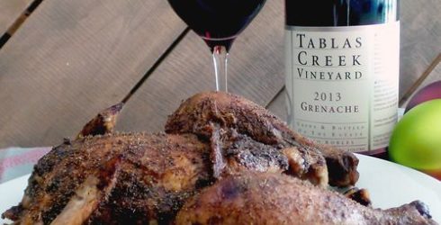Garam Chicken and bottle of red wine